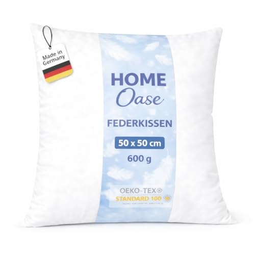 Home Oase Federkissen 50x50 cm (2er Set) - Kopfkissen mit 100% Federfüllung und Bezug aus Bauwmolle, Oeko-Tex Zertifiziert, perfekt für Allergiker und Kinder, 600 g Füllung