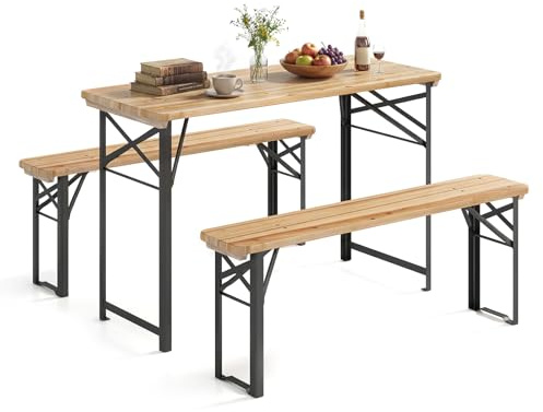 DREAMADE Bierzeltgarnitur 118 cm, Biertischgarnitur klappbar mit Tisch & 2 Bänken, Gartenmöbel aus natürlichem Tannenholz, Bierbankgarnitur für 4 Personen, Picknicktisch Set für innen & draußen