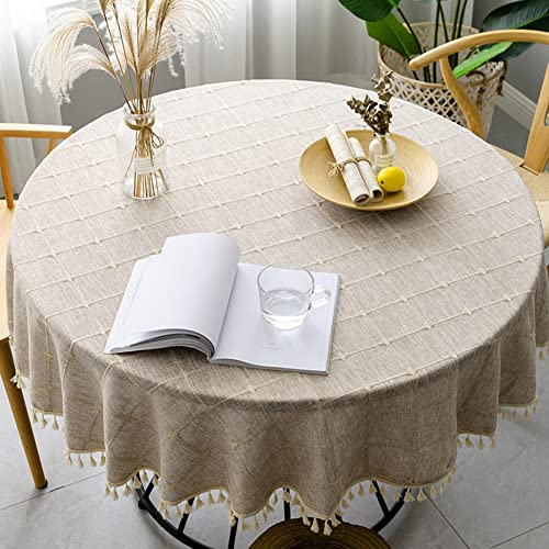 Lsimeru Braun Tischdecke Rund Abwaschbar 200cm Landhausstil Leinen Optik Tischtuch Gittermuster Draußen Tischwäsche Tischdecken Garten Große Größen Outdoor Gartentischdecke