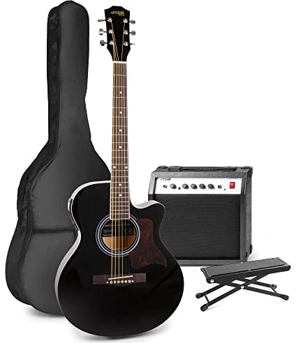 MAX ShowKit Elektrische Akustikgitarre, Akustische E-Gitarre Set - Gitarrenverstärker 40 Watt, Fußbank, Gitarren-Stimmgerät, Gitarrentasche und Plektrum - Schwarz