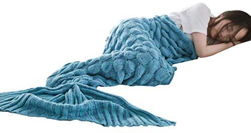 PengGengA Meerjungfrau Decke, Handgemachte Meerjungfrau Strickmuster Schlafsack, Personalisierte Handgemacht Gestrickt Warmes Sofa Decke Damen Mädchen Geburtstagsgeschenk (Blau, 60 * 140CM)