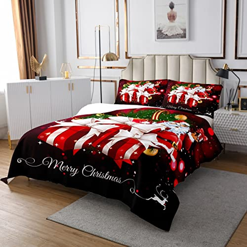 Homewish Weihnachten Tagesdecke 220X240,Kiefernblatt Weihnachtsmann Weihnachtskugeln Geschenke Tagesdecke Set für Kinder Jungen Mädchen Teens,Weihnachtsdekoration Quilt Set 2 Kissenbezüge Rot Schwarz