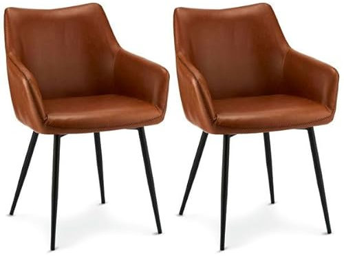 Furnhouse Maria Esszimmerstühle mit Armlehne 2er Set Cognac Braun – Kunstleder Hellbraun, Skandinavisches & Industrial Design, Metallgestell, Gepolstert & Modern