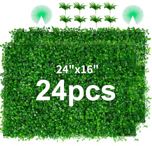 TOPDEEP 24 Stück Buchsbaum-Paneele, 61 x 40,6 cm, künstliche Buchsbaum-Heckenplatten, Gras-Wandpaneele, UV-geschützt, geeignet für Garten, Zaun, Hinterhof, Wanddekoration