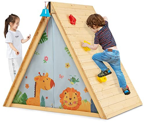 COSTWAY Kids Wooden Playhouse, 2-in-1 Children Climbing Frame with Front Bell, Window and Curtain, Toddler Activity Play Tent for Indoor Outdoor