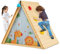 COSTWAY Kids Wooden Playhouse, 2-in-1 Children Climbing Frame with Front Bell, Window and Curtain, Toddler Activity Play Tent for Indoor Outdoor