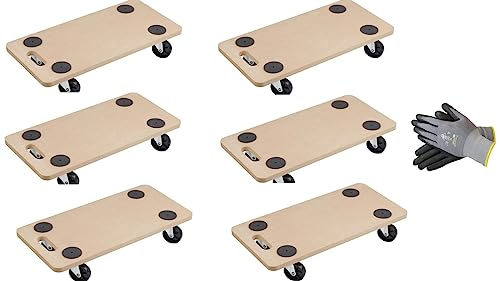 Sanitärshop Baustoffe & Sanitär Set: Transportroller Rollwagen Möbelroller für den Umzug oder die Werkstatt (6er Set mit Handschuhen MDF/Kunststoff)