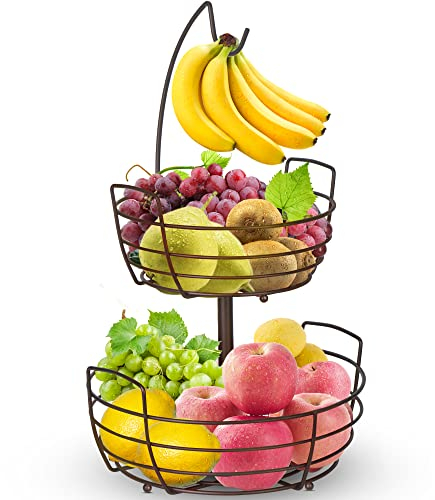 Mutool 2 Tier Fruit Racks with Banana Hanger AssemblableFruit Baskets with Banana Hook Metal Wired Fruit Bowls Vegetables Racks Storage Rack for Fruits, Vegetables, Snacks, Bread, Bronze