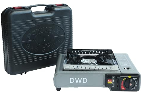 DWD® Premium Camping Gas Stove 2.5KW with Windshield - Operates with Butane or LPG Gas - Automatic Ignition & Heat Control - Enamel Pan Support, Grey
