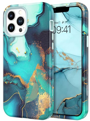 YINLAI for iPhone 13 Pro Max Case Marble Pattern 3 in 1 Full Body Rugged Hard PC Back Cover Bumper, Soft Silicone Drop Protection Girly Women Case for iPhone 13 Pro Max 6.7 Inch, Azure Blue