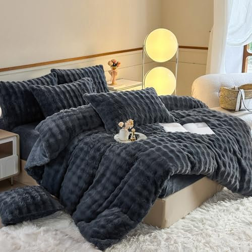 YASMENG Plüsch Bettwäsche 200x200 Winter Warm Grau Plüsch Langhaar Bettwäsche Winter Samt Super Weich Kuschelig Flauschige Bettwäsche Plüsch 3 Teilig mit Reißverschluss und 2 Kissenbezüge 80x80 cm