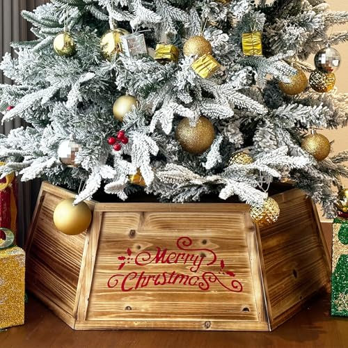 HUTHDAK Weihnachtsbaum-Halsband aus Holz, 72,9 cm, für künstliche Bäume, Vintage-Stil, sechseckig, Naturholz, rustikaler Weihnachtsbaumkastensockel