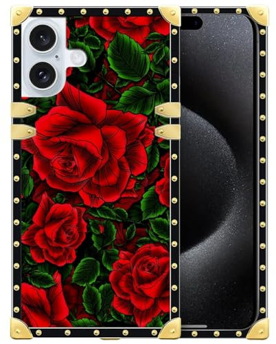 WANKBLC Compatible with iPhone 16 Case, Vector Red Rose Green Leaf Luxury Golden Decoration for Girl Women Soft TPU Shockproof Protective Hard PC Back