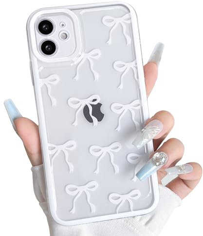 NITITOP Compatible with iPhone 12 Mini Case Cute Clear White Big Bow Design Ribbon Bowknot Pattern for Girls Women Soft TPU Transparent Full Camera Lens Shockproof Protective Cover - White