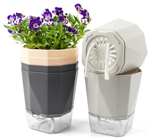 EZESO Paquete de 6 macetas de plástico, macetas de riego automático de 12,5 cm con agujeros de drenaje, cuerda de algodón y depósito, maceta decorativa multicolor para plantas de jardín de interior y