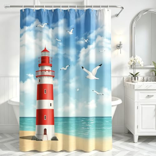 Lerores Duschvorhang 120x180cm Leuchtturm, Beschwerter Saum Antischimme, Wasserabweisend, Waschbar Polyester Badevorhänge mit 8 Ösen und Duschvorhangringen für Badezimmer, Badewanne