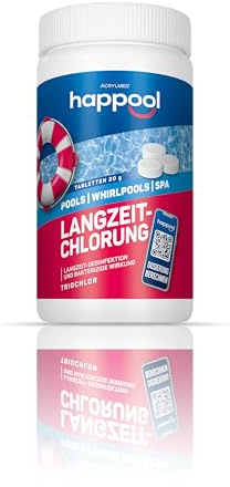 Happool Triochlor 1kg - Pool Zubehör Chlortabletten, Algenfrei Pool, Desinfektionsmittel für Whirlpool Wasserpflege, Dauerhaften Poolwasserdesinfektion 20 g x 50 szt