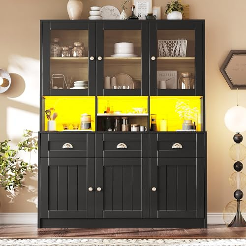 Oxtao Armadio da cucina 140 × 40 × 175 cm, credenza con illuminazione a LED, colori luce variabile, armadio a buffet con ripiani regolabili, armadio alto da cucina a buffet (nero A)