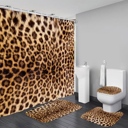 4 PCS Leopard Bathroom Sets with Shower Curtain and Rugs, Brown, 71x71