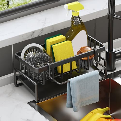 Zenfony Kitchen Sink Caddy Organiser, Carbon Steel Sponge Holder with Self-Draining Tray, Washing Up Storage Rack with Dishcloth Hanger for Countertop Kitchen Organisation