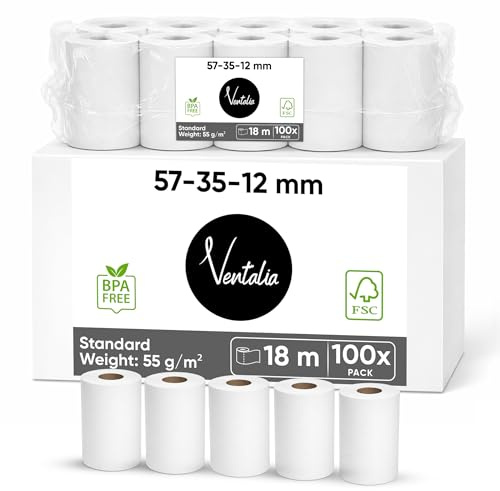 Ventalia - Pack de 100 Rouleaux CB/Bobine TPE 57x35x12 mm (18 m) – Papier Thermique Sans BPA – Compatibles Ingenico, Verifone, SumUp, PAX, Nexgo, myPOS – Impression Claire et Durable