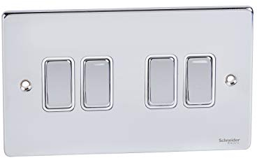 Schneider Electric Ultimate Low Profile GU1542WPC 4-facher Kippschalter, 2-Wege Lichtschalter, 16AX, poliertes Chrom mit weißem Einsatz