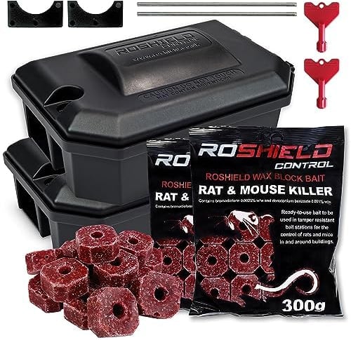 Roshield External Tamper Proof Rodent Bait Box & Wax Block Rat Poison Kit - Garden & Home Treatment Killer Safety Kit (2 Boxes & 300g Blocks)