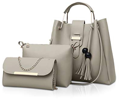 NICOLE & DORIS Damen Handtaschen 3 Stück Taschen für Damen Kette Tasche Top-Griffe Schultertaschen PU Leder Tragetaschen Umhängetasche Grau