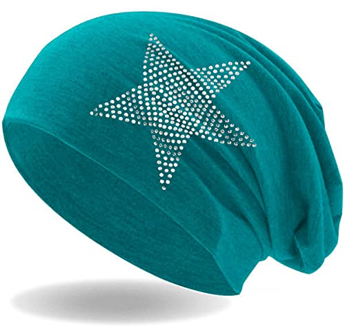 Hatstar Klassische Strass Stern Steine Jersey Slouch Long Beanie Mütze, leicht und weich für Damen und Mädchen (Petrol)