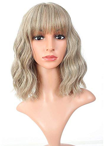 FAELBATY Blonde Short Bob Wig With Air Bangs - Shoulder Length Curly Wavy Synthetic Cosplay Wig for Women and Girls - Mix Khaki Blonde Gold Color