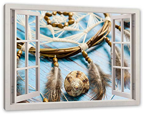 Pixxprint Traumfänger mit Federn, Fenster, Größe: 80x60cm, Leinwandbild, fertig gespannt, Wandbild, Dekoration, Kunstdruck, kein Poster