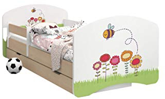 HappyBabies - Doppelseitiges Kinderbett MIT SCHUBLADE Modernes Design mit sicheren Kanten und Absturzsicherung Schaumstoffmatratze 7 cm Leichte Birne (Biene, 160/80)