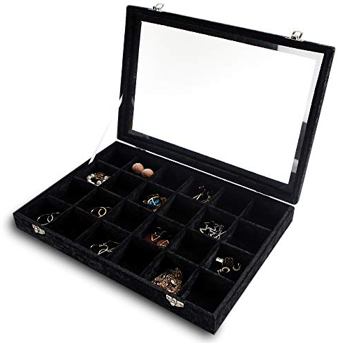 Frebeauty Schmuck Organizer Tablett mit klarem Deckel 24 Gitter Samt Schublade Einsatz Schmuck Aufbewahrungsbox mit Glasdeckel Schmuck Vitrine mit Schloss Geschenke für Frauen (Schwarz, 24 Gitter)