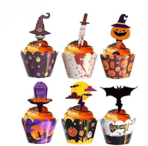 Generic Brands Topper de Magdalena de Halloween Pastelitos de Halloween Envoltorios Halloween Mano Pastel 48pcs Topper Magdalenas Halloween Cupcake Toppers Cupcake Adorno Decoración de Halloween