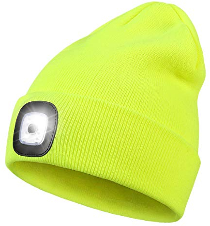 Rechargeable LED Lighted Beanie, Perfect Dad Gifts in Christmas, Stocking Fillers Cap with Light Hands Free Head Torch Unisex Winter Warm Knit Beanie Yellow