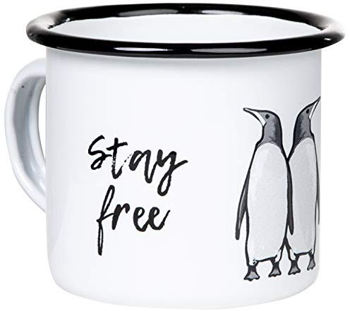 MUGSY Emaille Tasse, Stay Wild – Stay Free Pinguin-Motiv, 300ml, bruchfest & leicht
