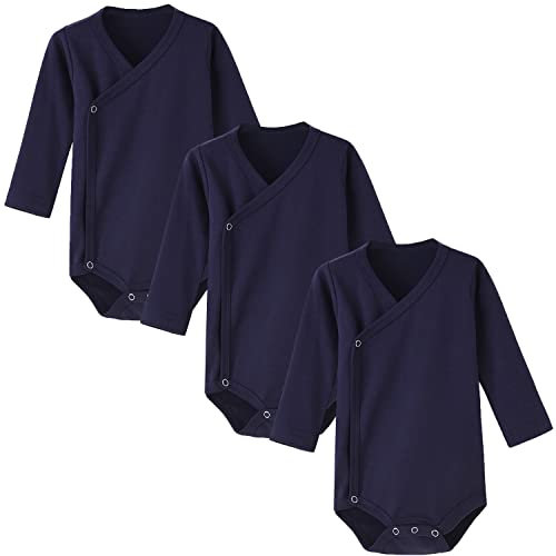 BINIDUCKLING 3er Pack Baby Jungen Mädchen Langarm Wickelbodys - 100% Baumwoll Baby Body mit Seitlichen Druckknöpfen für 9-12 Monate, Dunkelblau