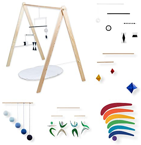 Set of 5 Montessori inspired mobiles with gym holder - Black and White mobile, Blue Gobbi, Dancers, Octahedron, Rainbow. Montessori mobile. Baby mobile. Hanging mobile. Crib toy