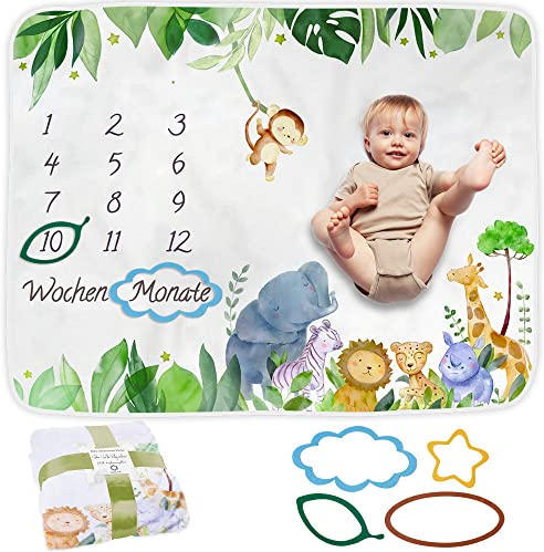 ODOXIA Baby Meilenstein Decke auf Deutsch | Monatsdecke Baby Junge & Mädchen, Unisex | Motiv Safari | Personalisiertes Neugeborenen-Geschenk für Mütter | Babydecke | Meilensteindecke und Rahmen