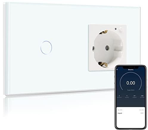 BSEED Interruptor de luz WiFi con Monitor de Energía Enchufe,Compatible con Alexa y Google Home,Control de APP y Función de Temporizador,1 Gang WiFi Interruptor de Luz Blanco(Neutral Requerido)