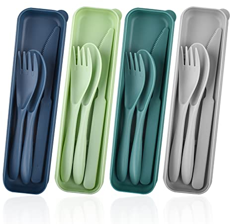 Portable Cutlery Set with Case, 4 Sets Plastic Camping Cutlery, Travel Cutlery Set for Lunch Box, Reusable Cutlery Knife Fork Spoon Travel Utensils Set, Tableware for Picnic Daily Use(4 Colors)