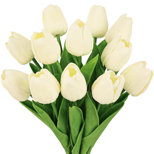 N&T NIETING Artificial Tulips Flowers Real Touch Latex Fake Tulip,12Pcs | Faux Tulips Flowers Bouquet for Wedding Floral Arrangements Easte Home Decorations, Goose Yellow