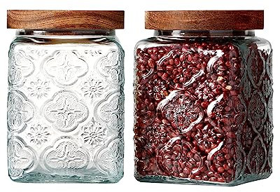 NUTRIUPS Glass Jars with Wood Lids, Jars with Lids, Vintage Glass Jar Set of 2 (Square Begonia)