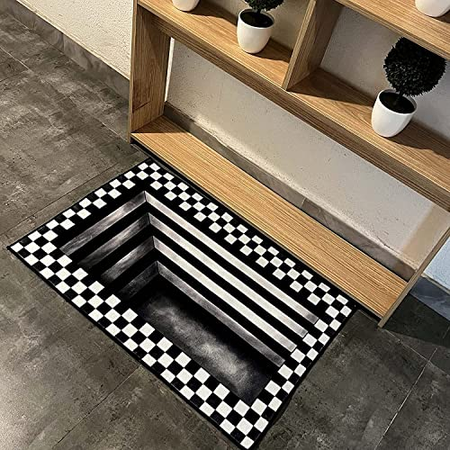 Wttfc Schwarz Weiß Karierter 3D Teppich Optische Täuschung, 3D Illusion Fußmatte Türmatte Schmutzfangmatte Teppich Optische Täuschung Bodenmatte Außen Innen Waschbar rutschfest,Schwarz,19.6x31.5in
