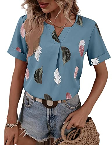 KCatsy Women Feather Pattern Print Pleated V-Neck Short Sleeve Loose Business Casual Top Pull-On Blouse Summer T-Shirt Shirt A Blue M 12