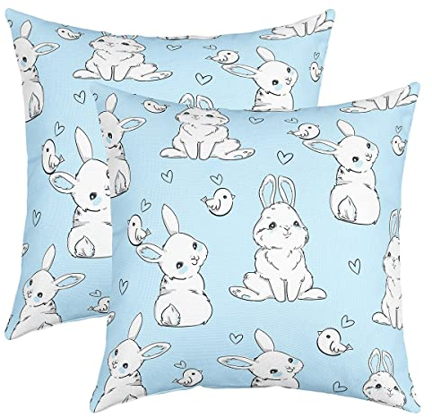 Kaninchen Kissenbezug Kissenhülle Voll Niedlich Kaninchen Tiers Kissenbezüge 40x40cm 2er Set Kissenbezüge Weich für Kawaii Zoo Tier Dekorative Sofakissen Couchkissen Jugendliche Blau Weiß Dekokissens