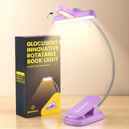 Glocusent Rotatable Reading Light for Books in Bed, 22LEDs Dual-Row Design with Timer, Stepless Dimming & Color Adjustment, 1000mAh Rechargeable Book Light for up to 100hrs, Ideal for Book Lovers