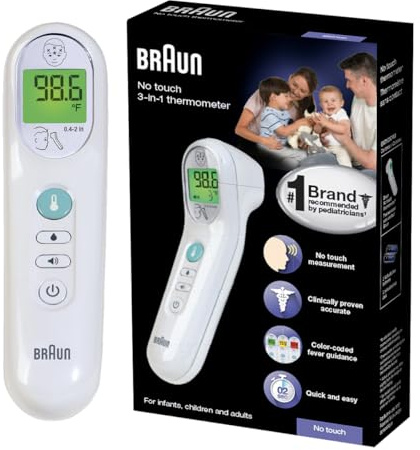 Braun No Touch 3-in-1 Thermometer for Adults, Kids, Babies, Measure Forehead, Liquid, Food Temps, Adult & Baby Thermometer, Professional Accuracy, Color Coded Fever Guidance