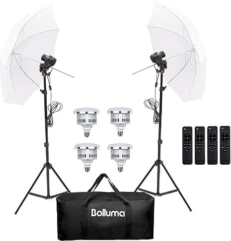 BOLLUMA Studio Schirm Set mit 50W LED-Glühbirne dimmbar zweifarbig, 2 Fotografie weißer Schirm, Lichtstativ mit Lampenfassung, Tragetasche für Studio Video Portrait