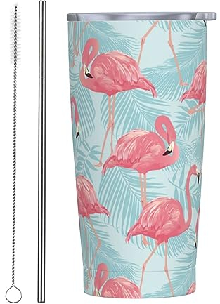 Flamingo Isolierbecher aus Edelstahl mit Deckel und Strohhalmen, doppelwandig, vakuumisoliert, Reise-Kaffeebecher, auslaufsicherer Deckel und Klappdeckel für heiße und kalte Getränke, 590 ml